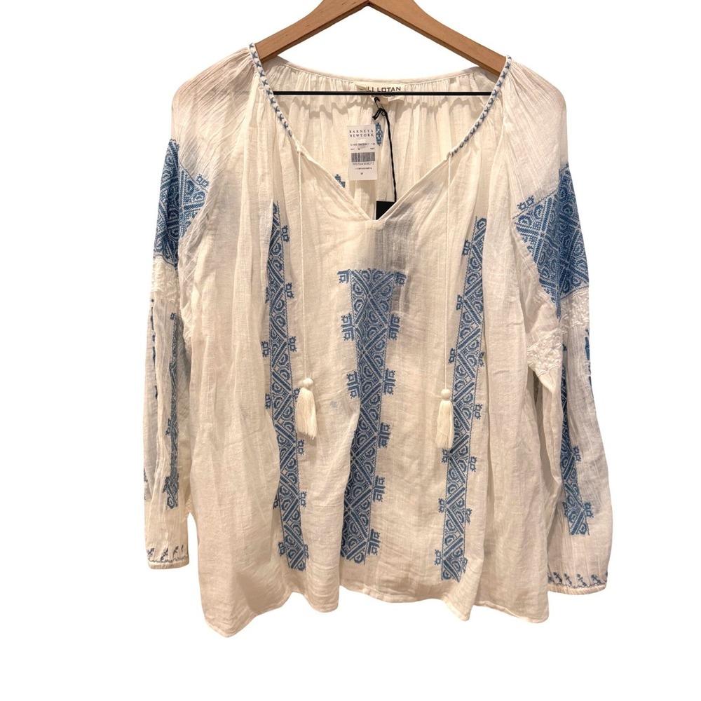 NEW Nili Lotan Bohemian Top White Blue Embroidered Cotton Tassel Blouse Medium - Picture 2 of 10